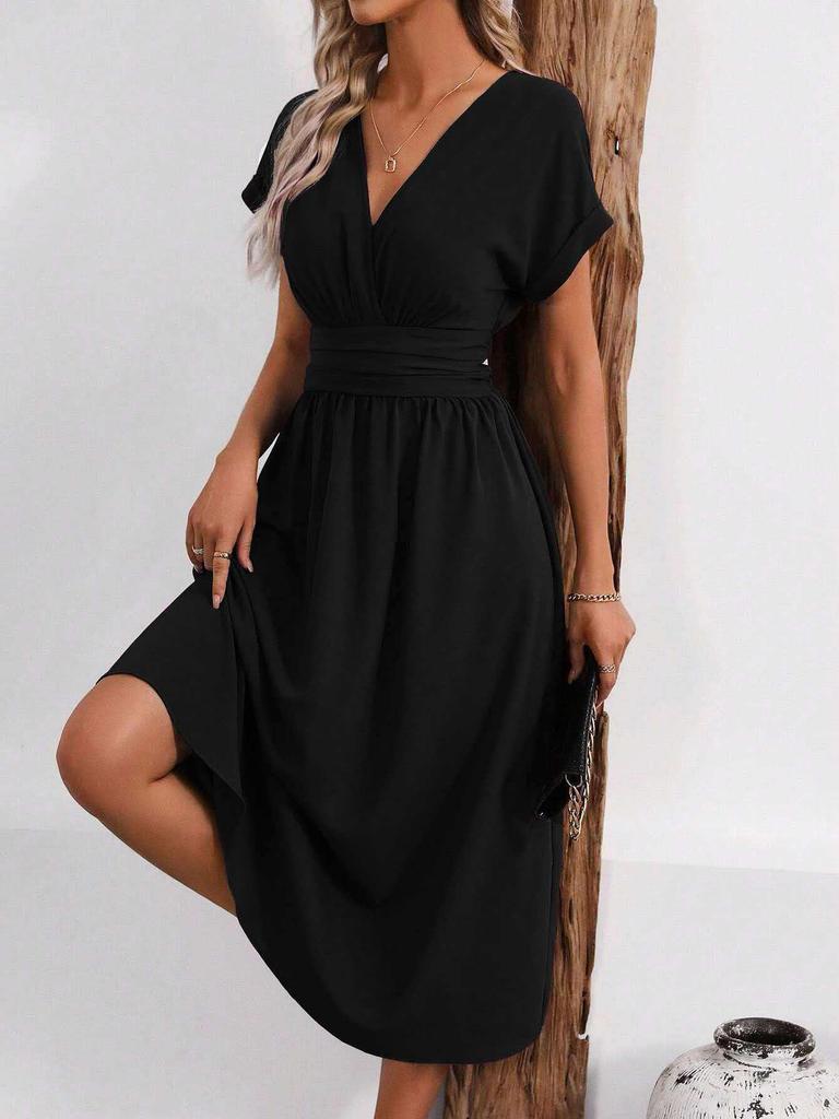 Women's 2026 Summer V-Neck Batwing Sleeve Pleated Dress