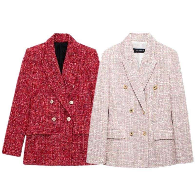 Western Style 2024 Autumn and Winter New Women Texture Double Breasted Long Sleeve Lapel Blazer Outerwear 9192156