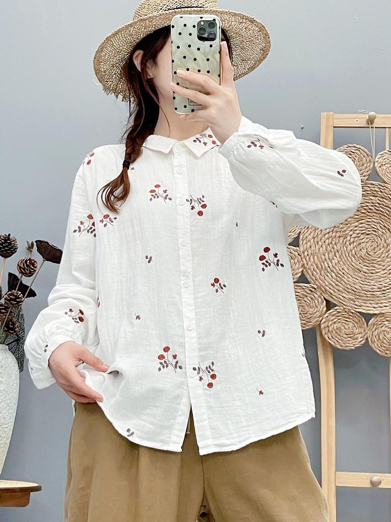 Damen Hemd im Wald-Stil aus Baumwollgaze mit Rosenstickerei - Hautfreundlich, Locker und Künstlerisch
