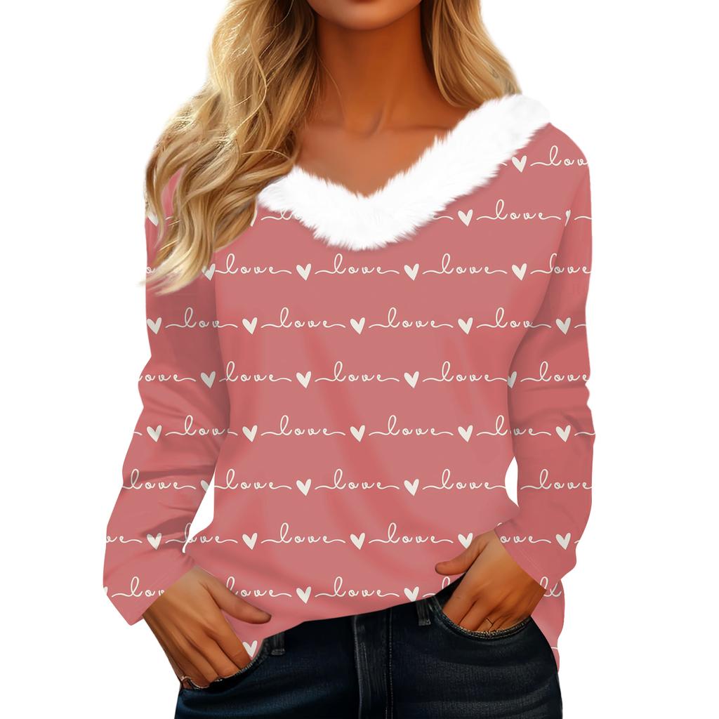 Women's Valentine's Day Printed Long-Sleeved Shirt, V-Neck, Casual Loose-Fitting T-Shirt Top
