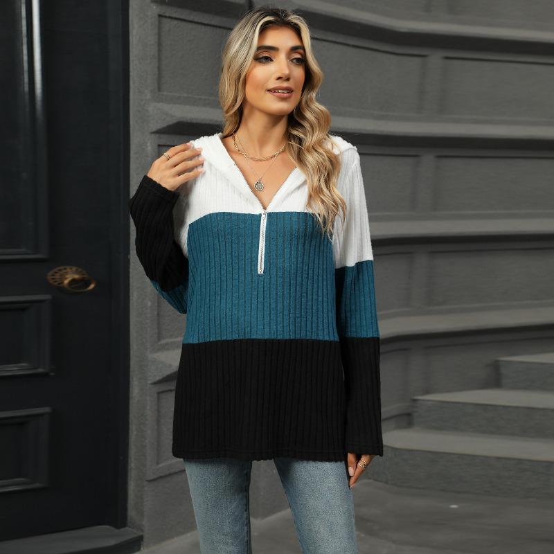 New Loose Color Splicing Zipper Hooded Long Sleeved Blouse Autumn and Winter Top Women Casual Simple Fashion Elegant Office Women's Clothing