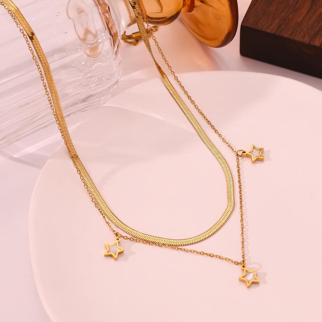 18K Gold & Titanium Steel Double Layer Butterfly Pearl Necklace - Elegant, Durable, Colorfast Women's Clavicle Chain