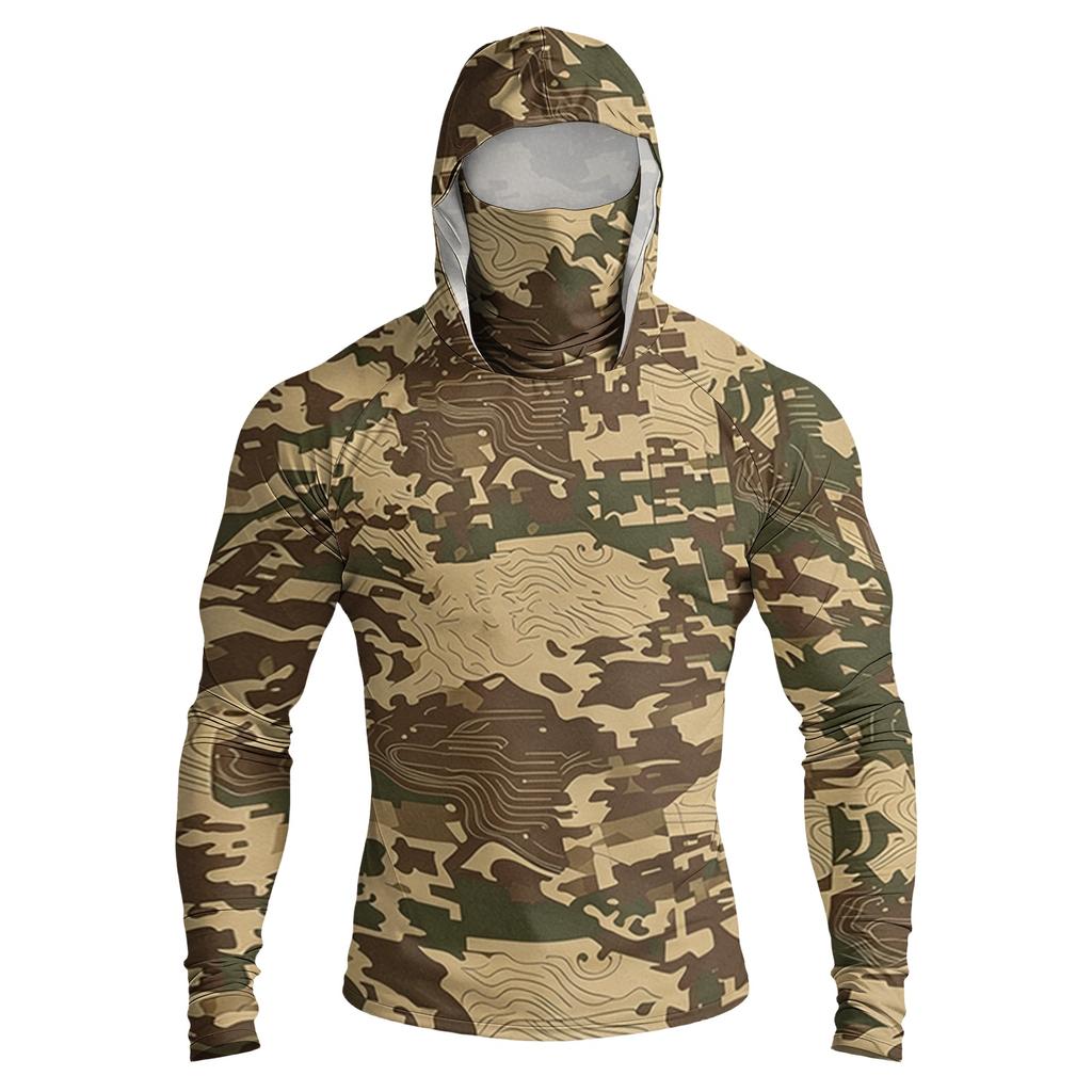 Men's Casual Raglan Sleeve Hooded Long Sleeve Sun Protection Shirt Camouflage Print Lightweight Breathable Outdoor Top