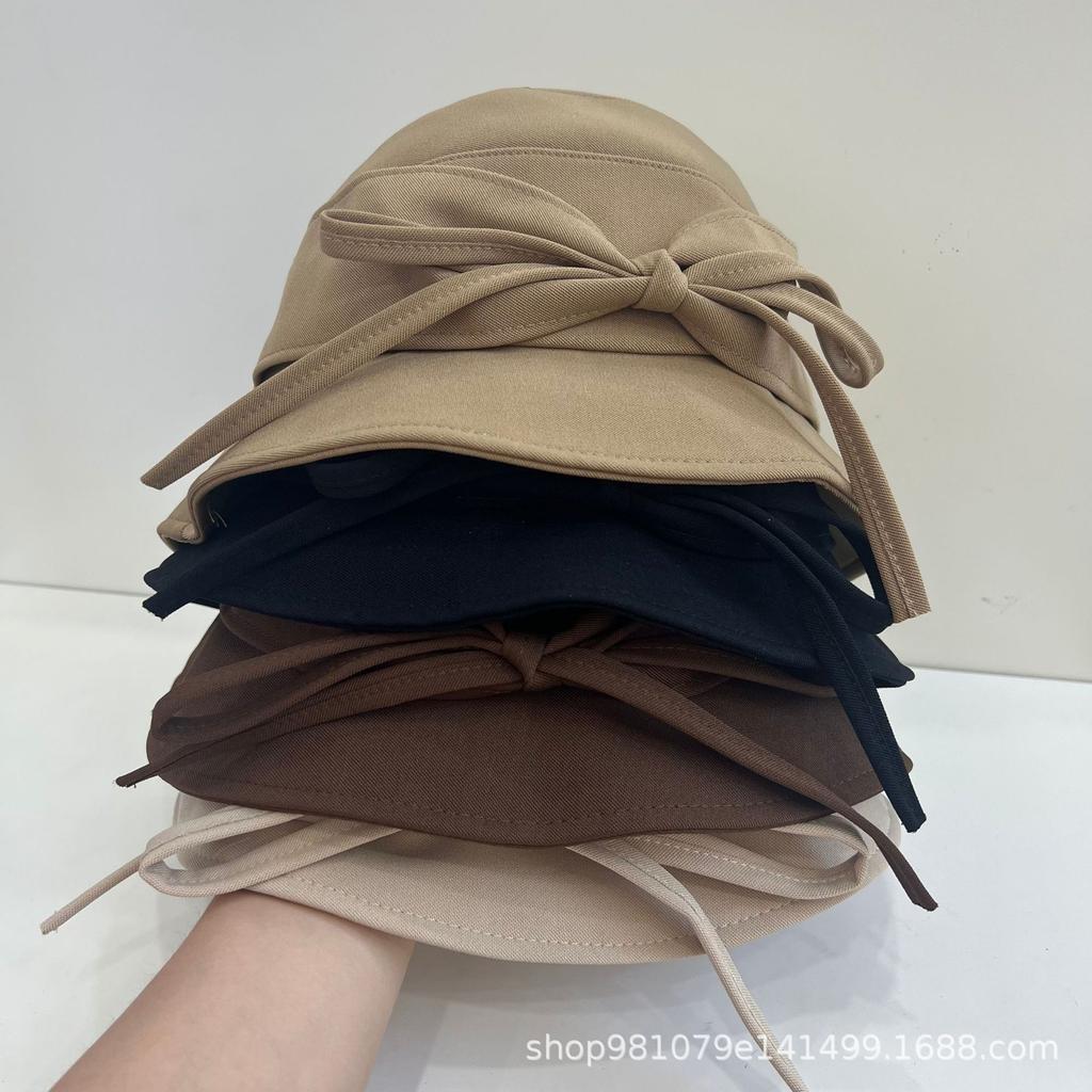 South Korea's New Adjustable Tether Bow Casual Cloth Hat Bucket Hat Women's Early Autumn Washbasin Hat Tide