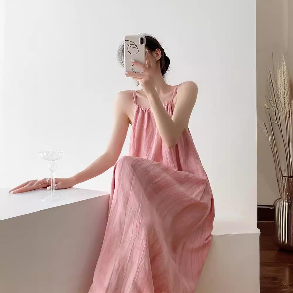 Dopamin-Pink Fleckenkleid Damen Sommer Show Dünnes Temperament Großer Schwingrock Ärmellos Strand langes Kleid Urlaub Trägerrock