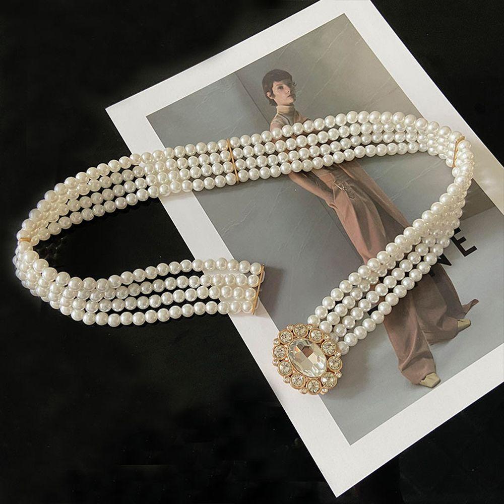 For Girls Elastic Metal Buckle Crystal Women Waistband Dress Decoration Korean Belt Faux Pearl