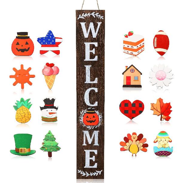 Jetec Welcome Sign for Front Door Interchangeable Wooden Welcome Porch Sign Outdoor Decoration Replaceable with 16 Seasonal Icon for Valentine's St.