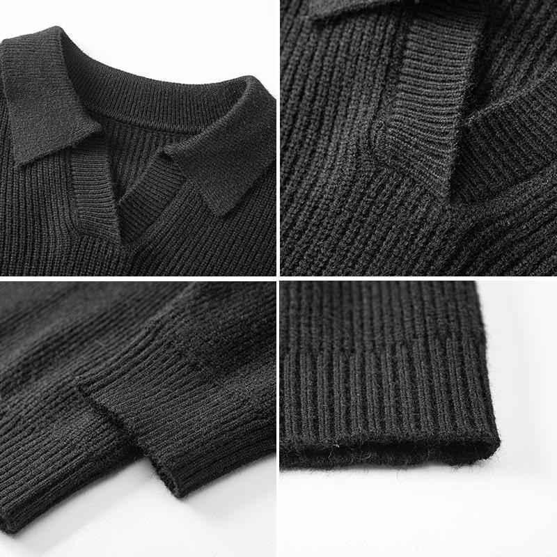 Men Casual Business Loose Long Sleeve Turn Down Collar V Neck Knit Polo Sweater