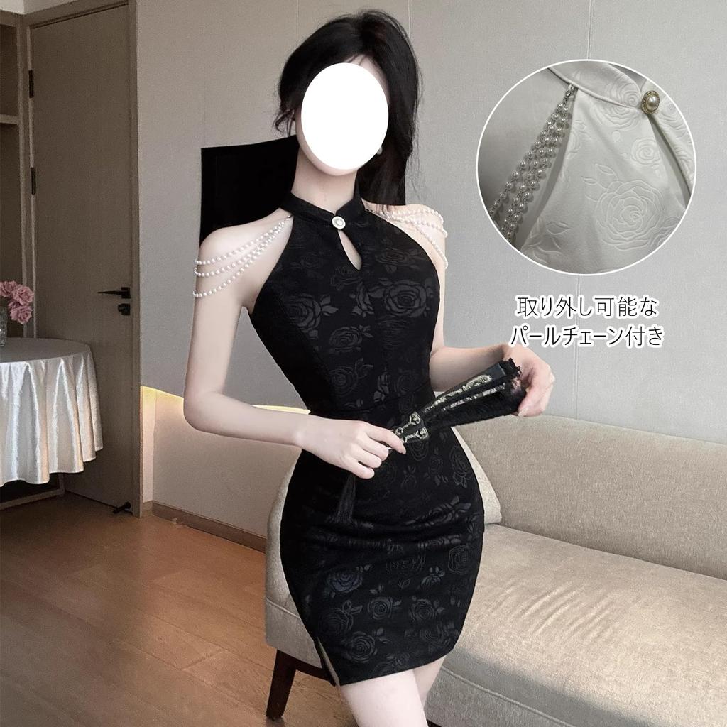KLGIRL Cheongsam Kleid mit Enges Mini Chinesischer Stil Rose Halloween Gothic Lolita Foto Größe M Damen Fächer, A-Linien-Kleid, Kleid, Druck, Kostüm,
