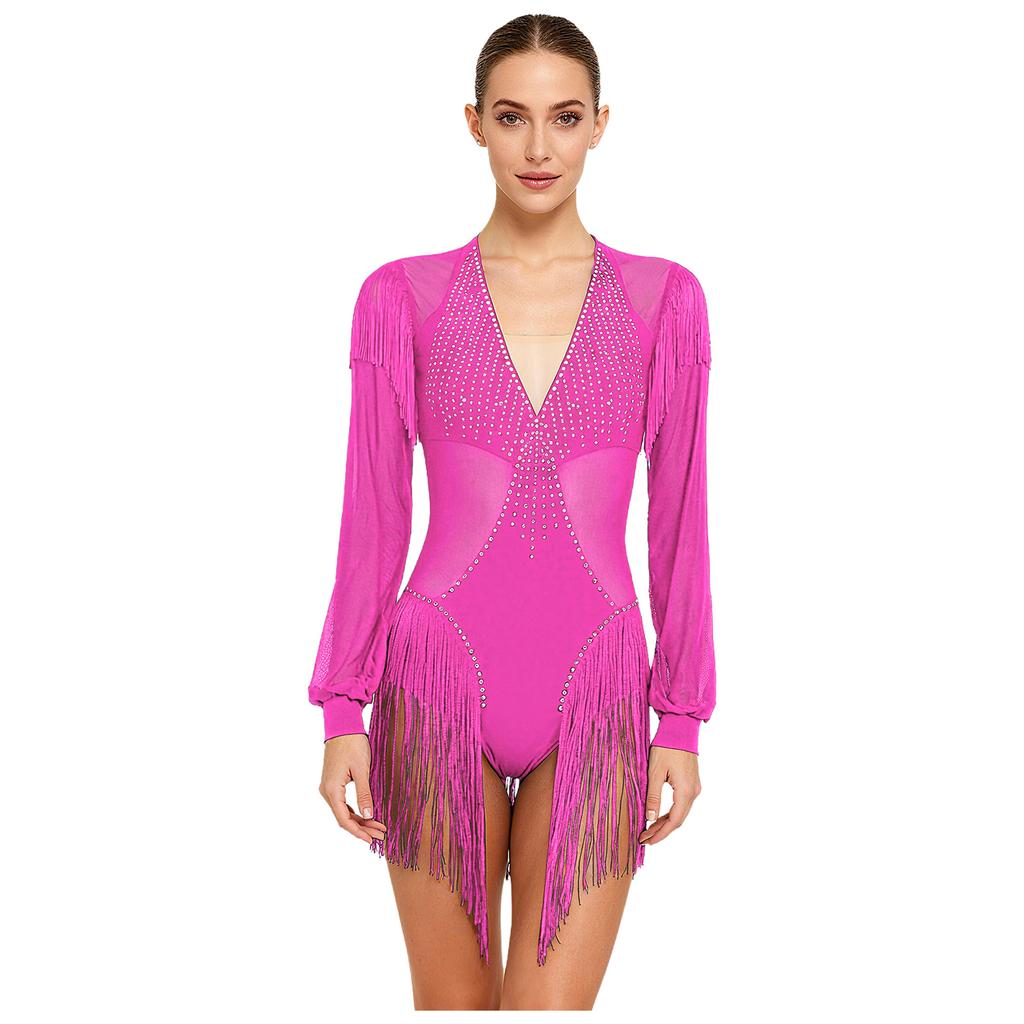 Damski trykot body do tańca latynoamerykańskiego Tango Siateczkowe wstawki Błyszczące dżety Frędzle Długi rękaw Rozpinany krok Kombinezon