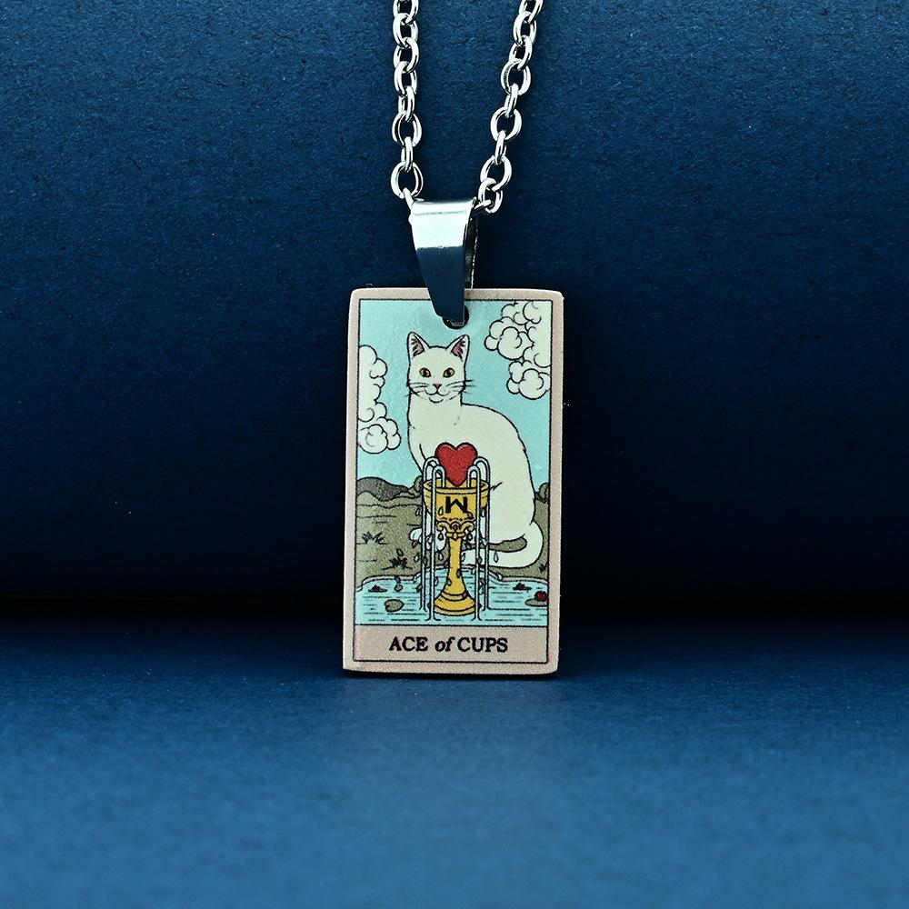 Stainless Steel Cat Tarot Card Necklace for Men Women Animal Divination Jewelry Accessory