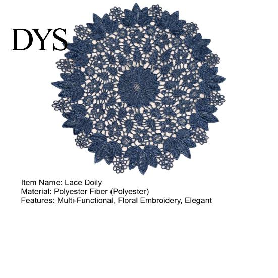 Tea Tray Mats Round Lace Doily, Dark Blue Floral Placemat, Embroidered Table Fabric Doilies Mat, Heat-resistant for Home Decoration Covers