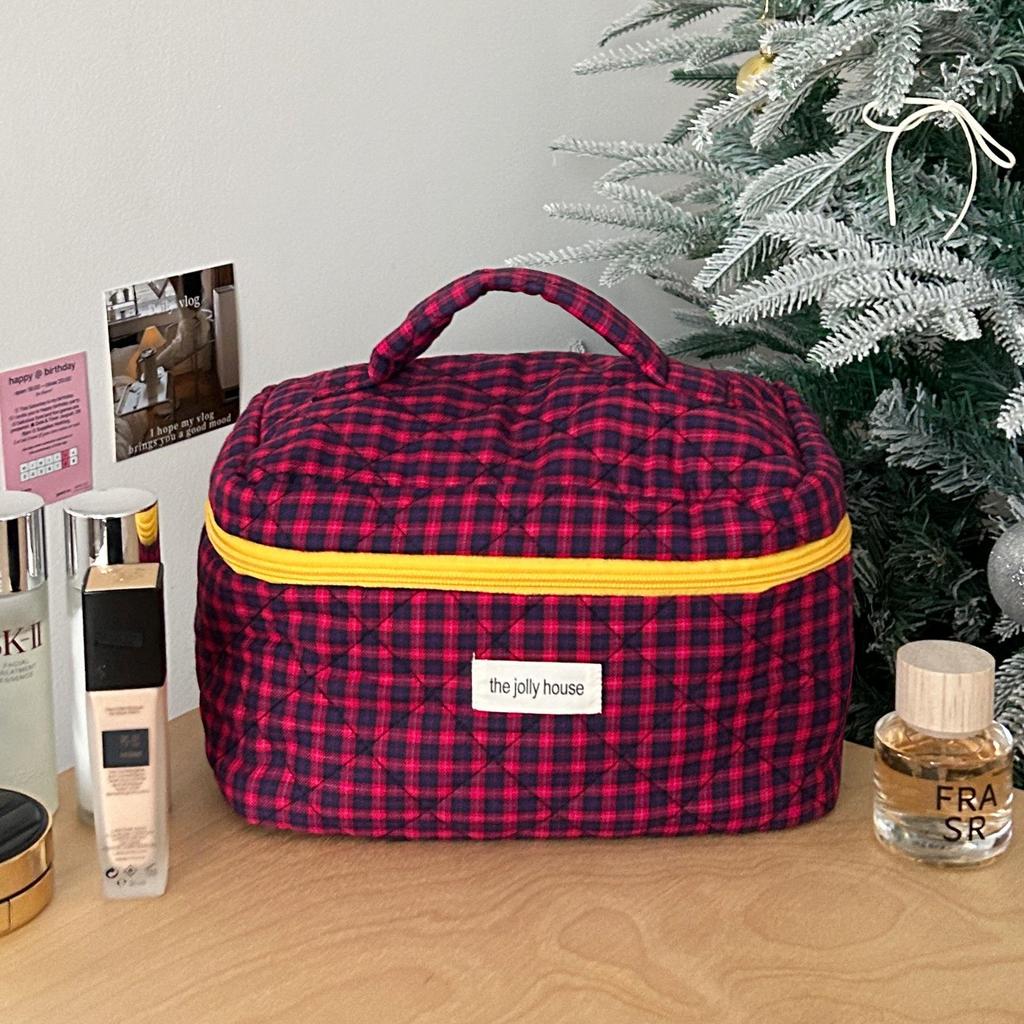 Creative Contrast Color Plaid Cosmetic Bag: Large Capacity, Hand-Held Travel Makeup Brush Storage for Women