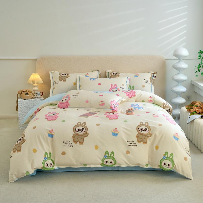 Fresh & Simple Pure Cotton Four-Piece Printed Dorm Set – Includes Three-Piece All-Cotton Bed Sheet, Bed Skirt, and Bedding Set.