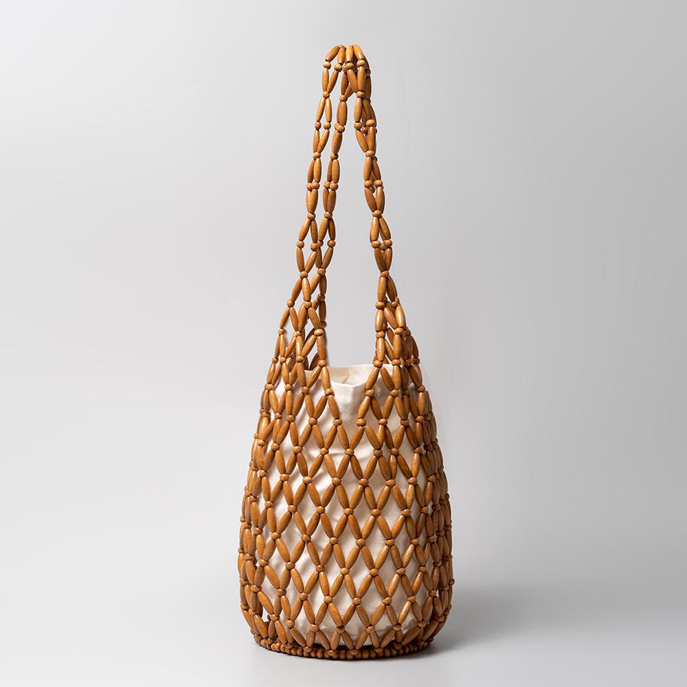 "Women's Summer Hollow Wooden Bead Woven Bucket Shoulder Bag"