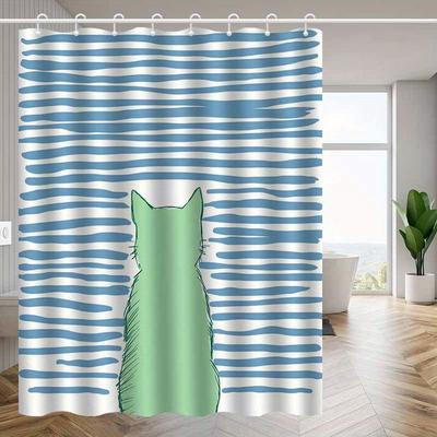 1pc Abstract Line Cat Silhouette Pattern Shower Curtain, High-end Elegant Bathroom Curtain, Bathroom Decoration Pattern