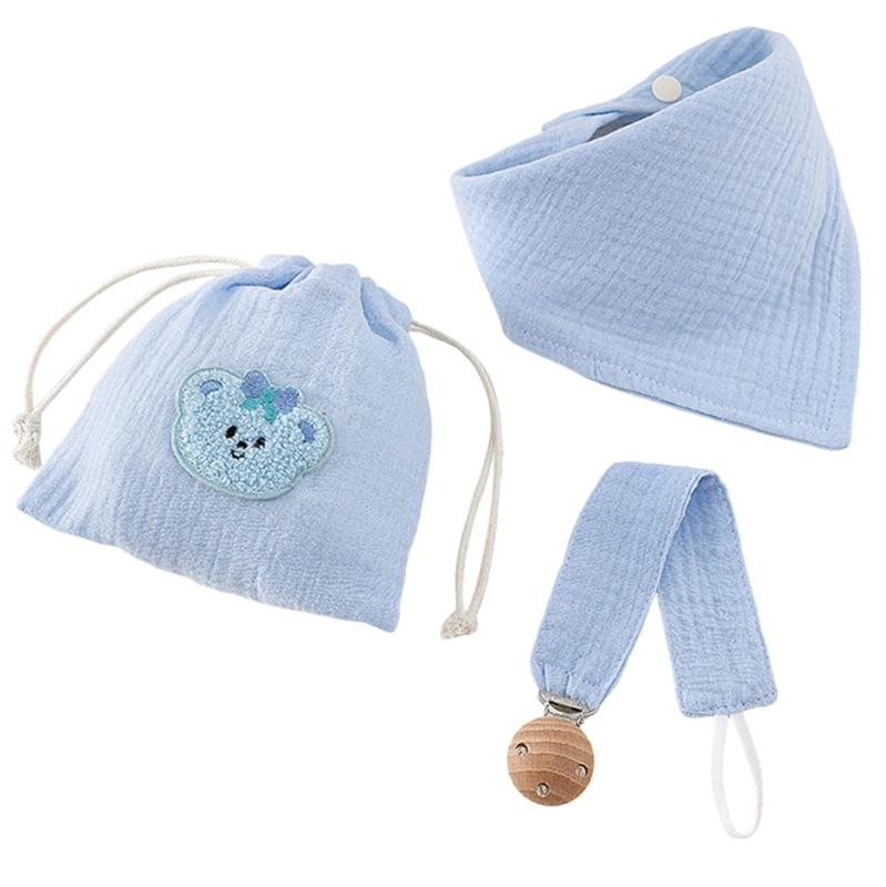 3pcs Organic Cotton Infant Bandana Bib And Pacifier Holder Combo Includes Washable Storage Pouch Baby Shower Gift Set