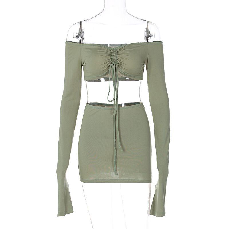 Drawstring Lace up Top Half Skirt Set Drawstring Lace Tops Skirt Suit