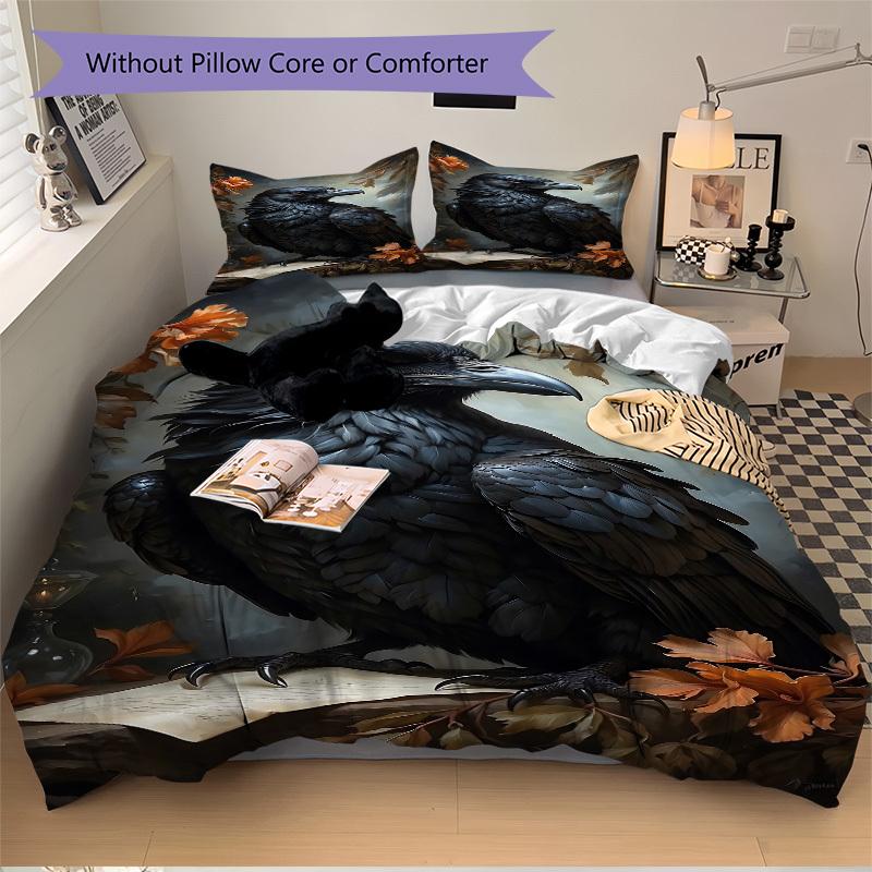 3pcs Raven Art Print Duvet Cover Set -Includes 1 Duvet Cover and 2 Pillowcases, No Quilt Core, All-Season Home Decor  yy251111102