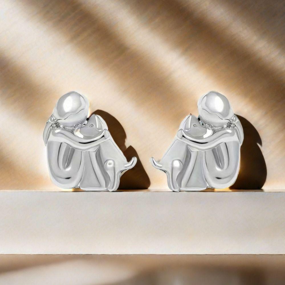 Gold Silver Color Little Girl and Dog Hugging Earrings Creative Puppy Stud Earrings Necklace  Women