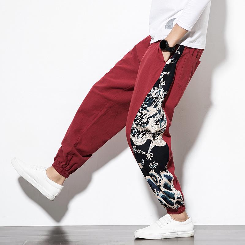 Men's Retro Cotton Linen Patchwork Trousers - Spring/Autumn Plus Size Fashion