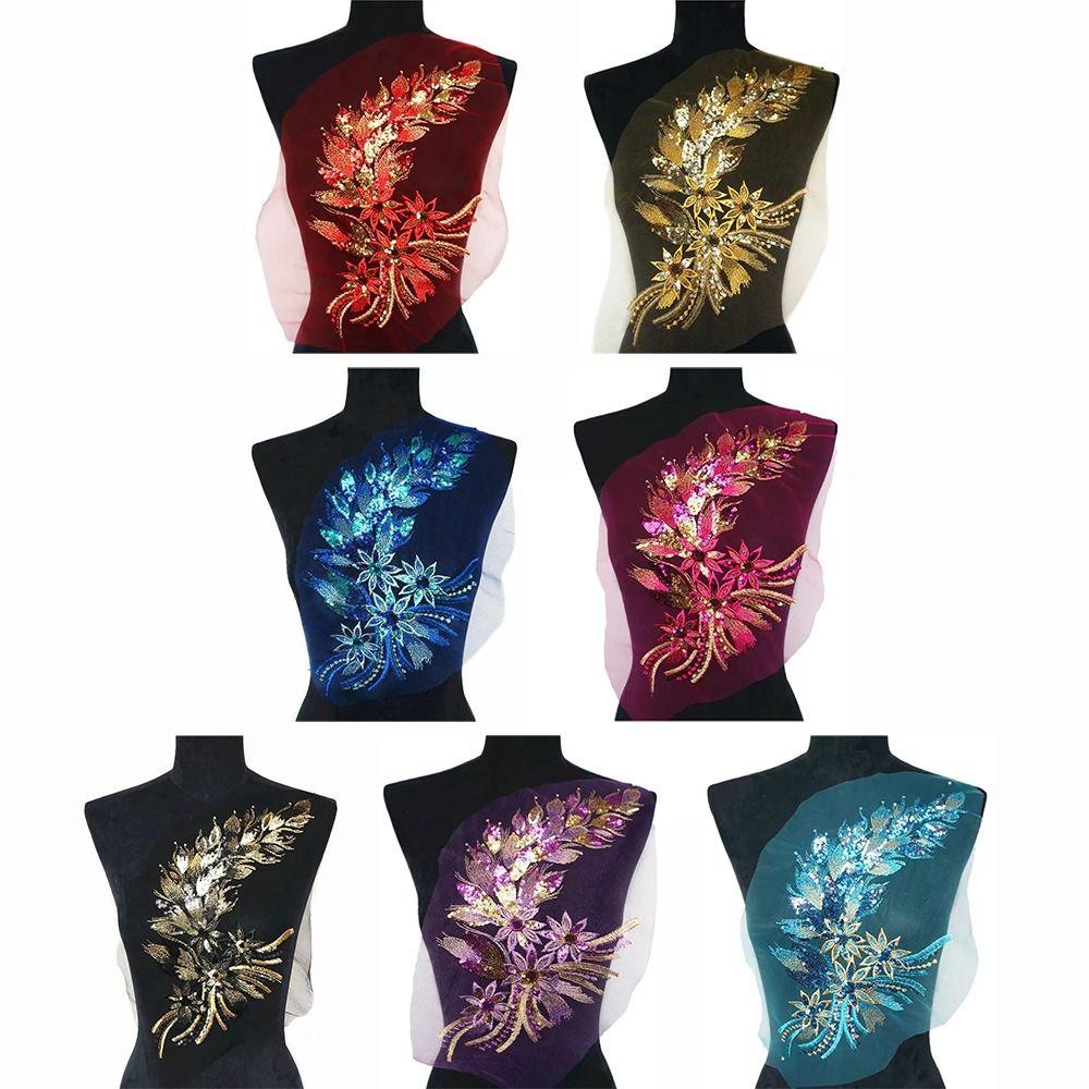 Blue Black Gold Embroidered Floral Patches Sequins Patches Wedding Gown Decoration DIY