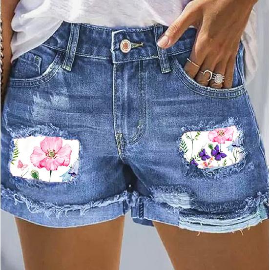 

Летняя Мода Принтованные Рваные Шорты Облегающие Брюки Три Четверти с Необработанным Краем Женские Повседневные Джинсы S