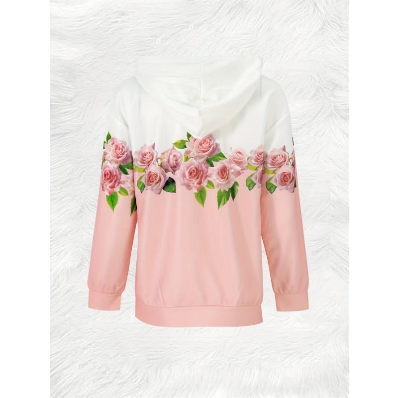 Spring Autumn Casual Pink Rose Floral Print Hooded Jacket Women Lightweight Zip Up Long Sleeve Pullover Outerwear