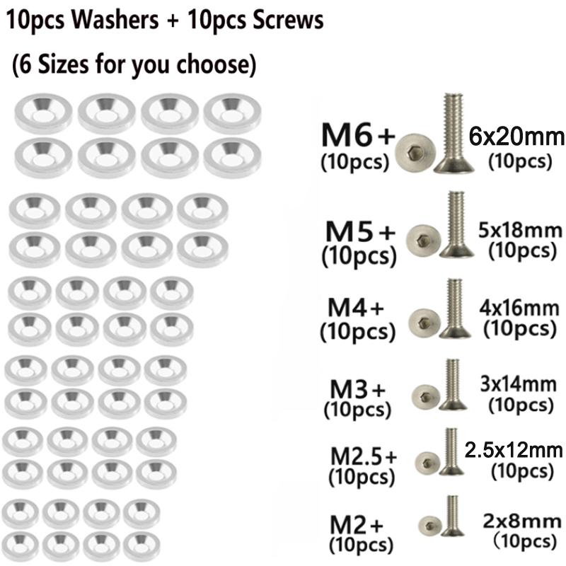 10pcs Car Modified Hex Fasteners Fender Washer Bumper Engine Concave Screws Aluminum Fender Washers and M2-M6 Bolt for Honda