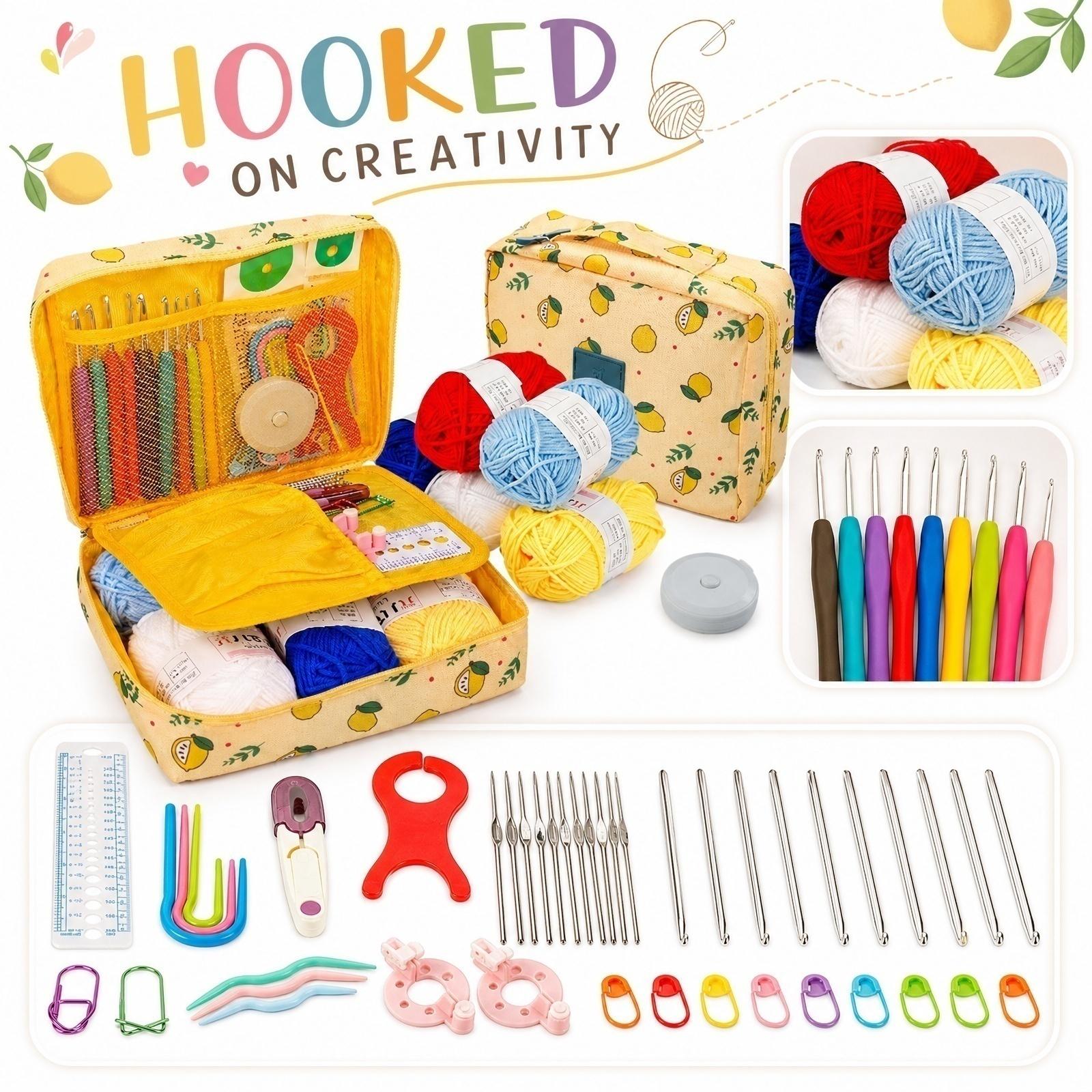 Crochet Kit for Beginners, DIY Crochet Hook Set with Yarn and Tools, Portable Knitting Supplies, Complete Crochet Kit for Adults One Size