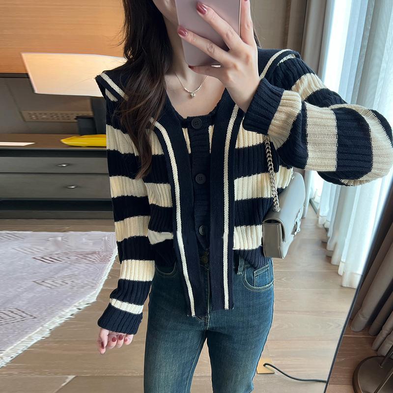 Cardigan Autumn Collar Striped Sweater Knit Women 2023 Casual Long Sleeve Women Knitted Cardigan Long Sleeve Sweater Female Top