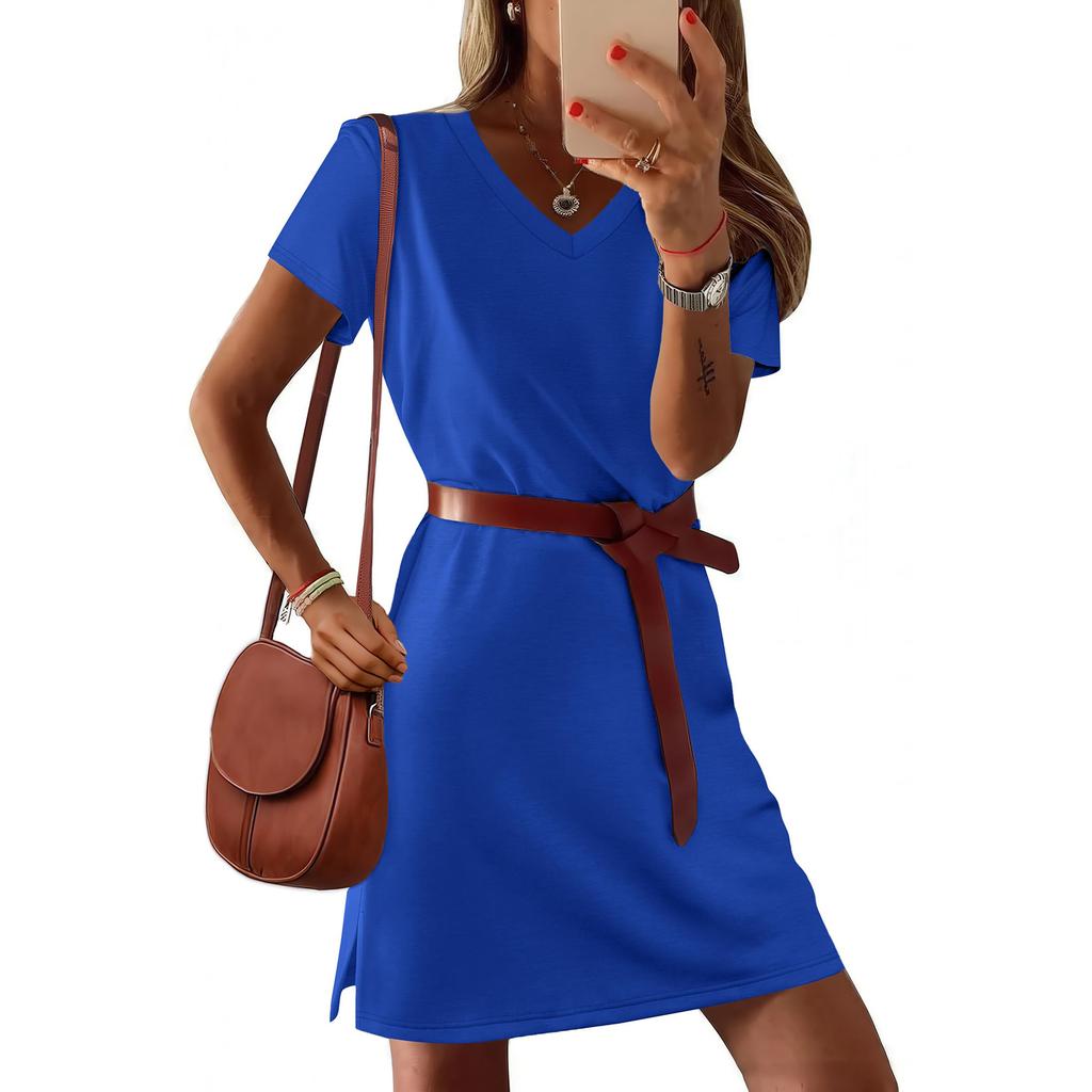 Women's Casual V-neck Short-sleeve Split-hem Dress