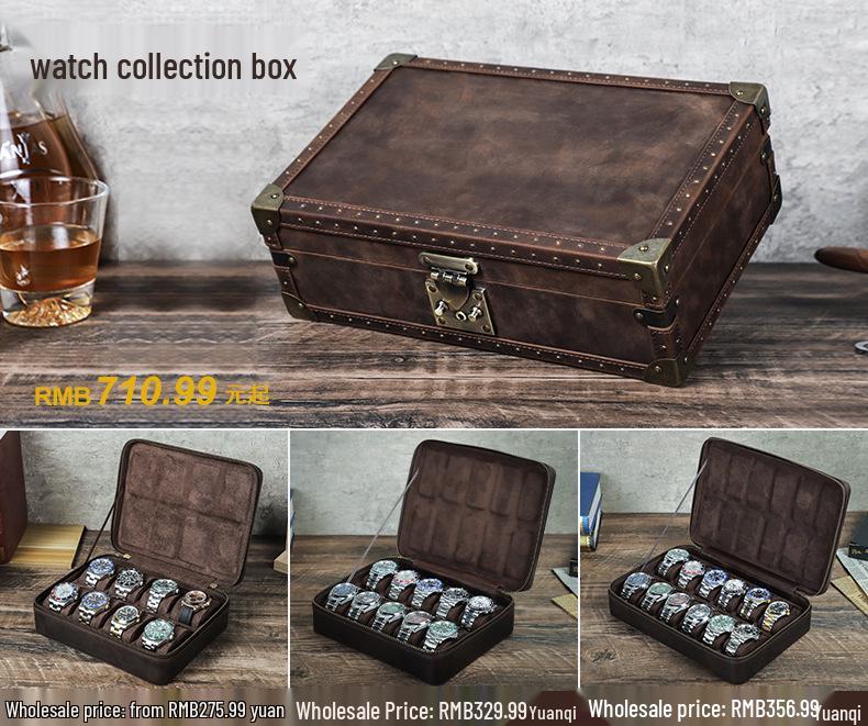 Handmade Crazy Horse Leather 12-Slot Watch Storage Box