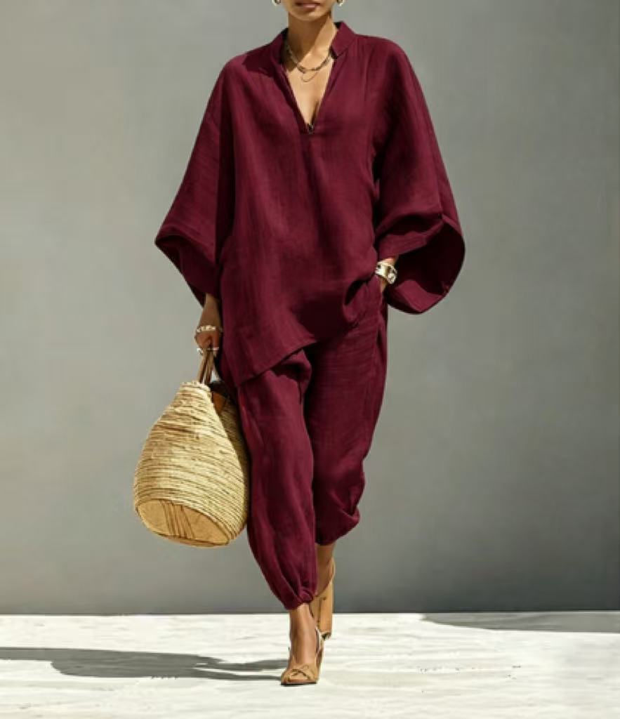 2026 Fashion Women's Solid Color, Casual Style Design Bat Sleeve V-Neck Lazy Loose Suit Women