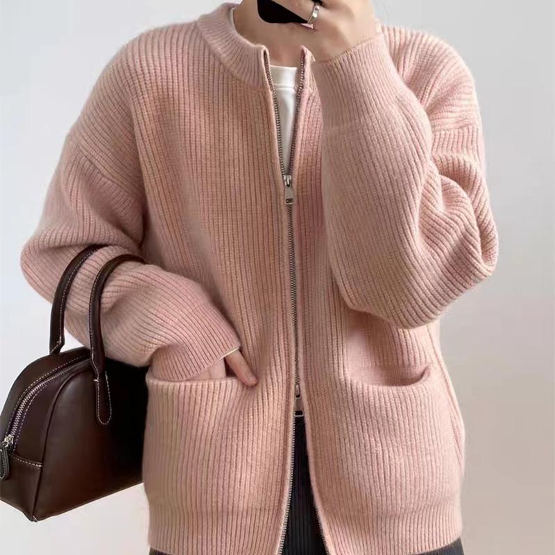 Double Zipper Sweater Cardigan for Women Solid Color Loose Spring and Autumn Knitted Jacket Top