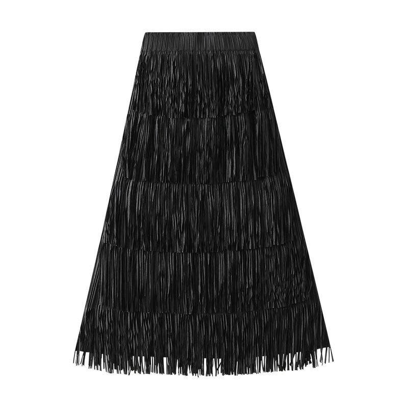 Qooth Women Tassel Splicing Pleated Skirt Elegant Elastic Waist All Match A-line Long Skirt For Spring Summer QT2140