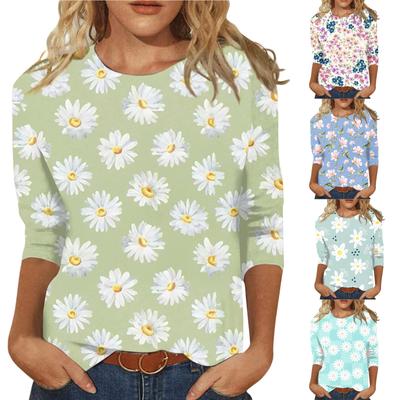 Damen T-Shirt mit Blumenmuster, modisch, 3/4-Ärmel, Blumen-Grafik-T-Shirt, Blusen, lässig, Basic-Tops, lockerer Pullover, Ropa Para Mujer