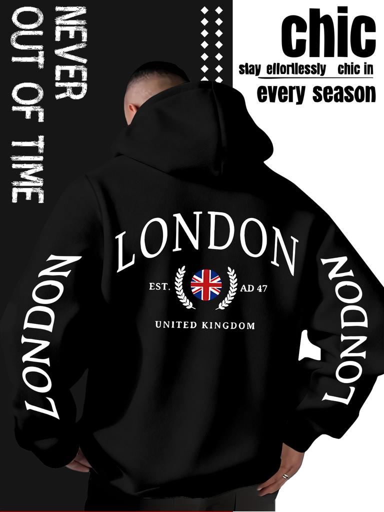 Sweat à capuche décontracté ample pour homme, "Sweatshirt tendance imprimé style britannique Londonien", mode de rue décontractée automne et hiver.