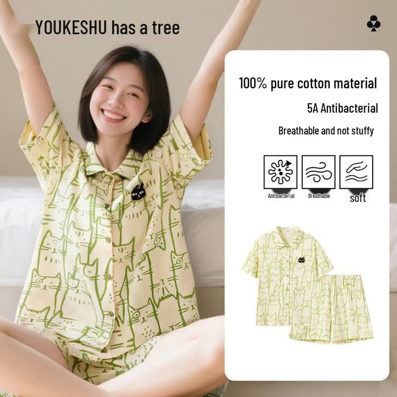 Women s 5A Antibacterial Pure Cotton Short-Sleeve Pajama Set M