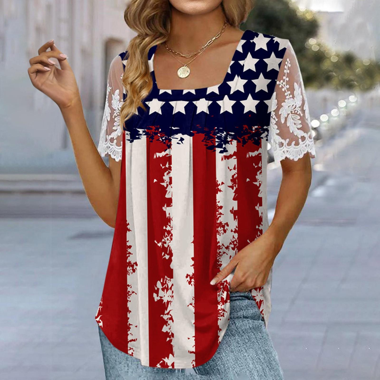 

Женская плиссированная кружевная футболка с квадратным вырезом и коротким рукавом, топ с принтом ко Дню независимости XL тёмно-синий
