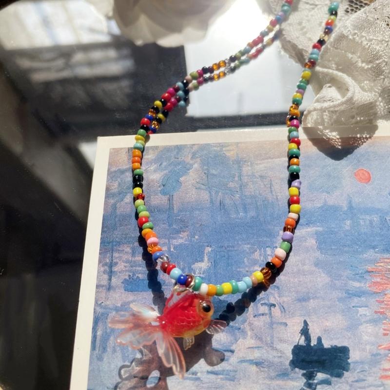 Elegant Resin Fish Pendant Necklace with Colorful Rice Beads Exquisite Beaded Necklace Party Jewelry for Wedding Holiday