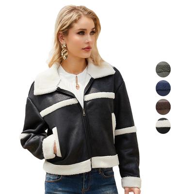 Women’s Suede Faux Leather Jackets Plush Fleece Lined Lapel Zipper Short Coat Long Sleeves Windproof Warm Bomber Jacket Loose Fit Outer Wear