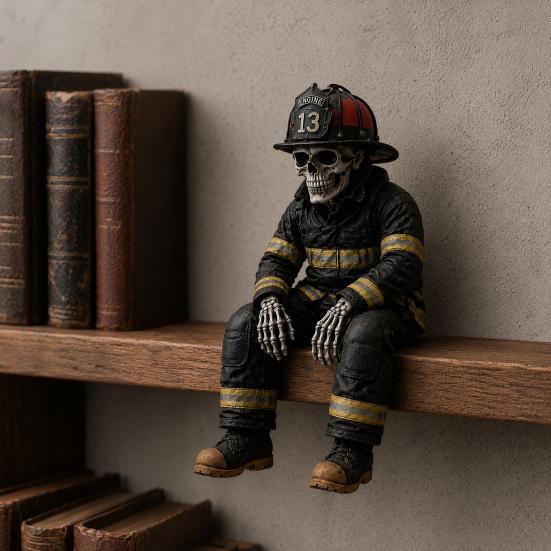 Firefighter Ornament Skeleton Shelf Sitter Statue, Vintage Resin Figurine with Realistic Gear & Distressed Sitting Posture Finish, Dark Industrial