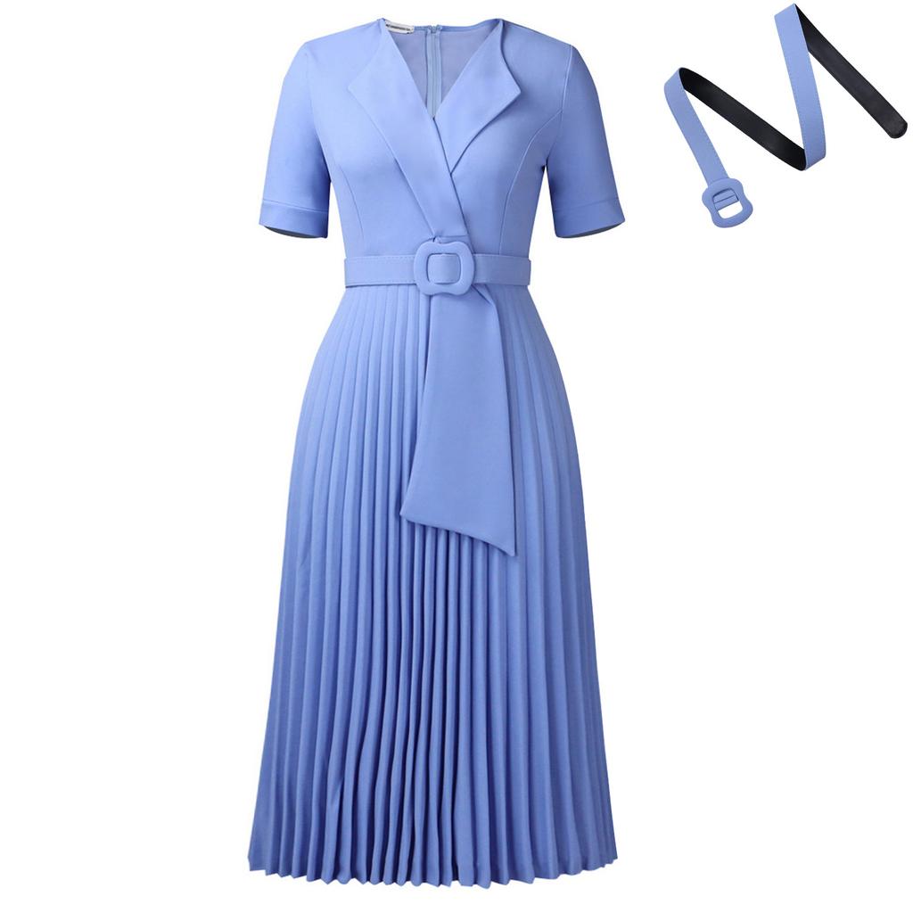 Sexy short-sleeved V-neck fashion temperament elegant pleated large size solid color dress