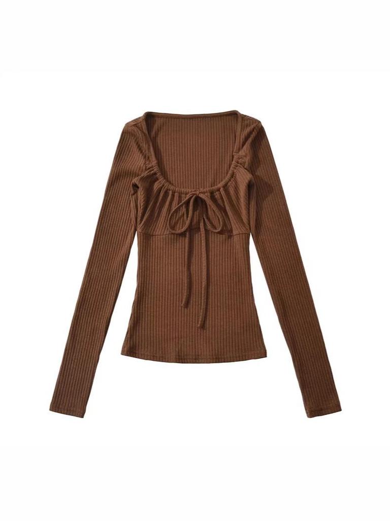 Vintage Square Neck Lace-Up Long Sleeve Shirt - Women's Autumn Inner Wear, Sexy and Chic Top