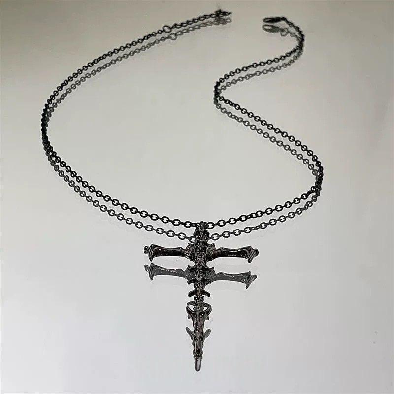 Collar Gargantilla con Colgante de Cruz de Pedrería Negra Jesús para Mujer Punk Vintage Cadena de Doble Capa Joyería Boho Regalos de Fiesta de Moda