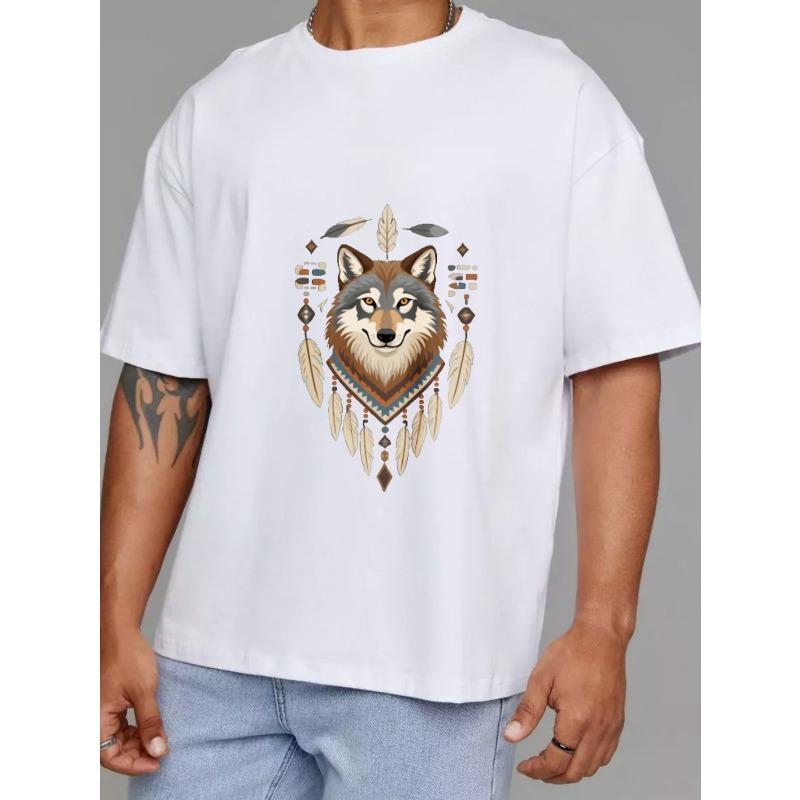 Wolf Tribal Pattern T Shirt White Wolf Face with Feathers and Beads Design for Casual Wear