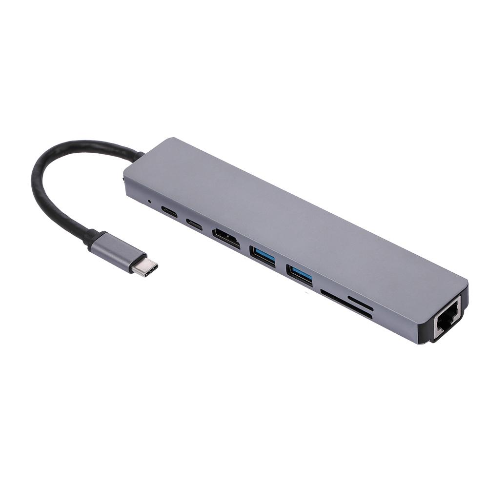 8IN1 USB C Multi function Laptop Docking Station Converter Type C to PD+USB*2+HDTV+Type C+SD+TF+RJ45 87W Adapter Grey
