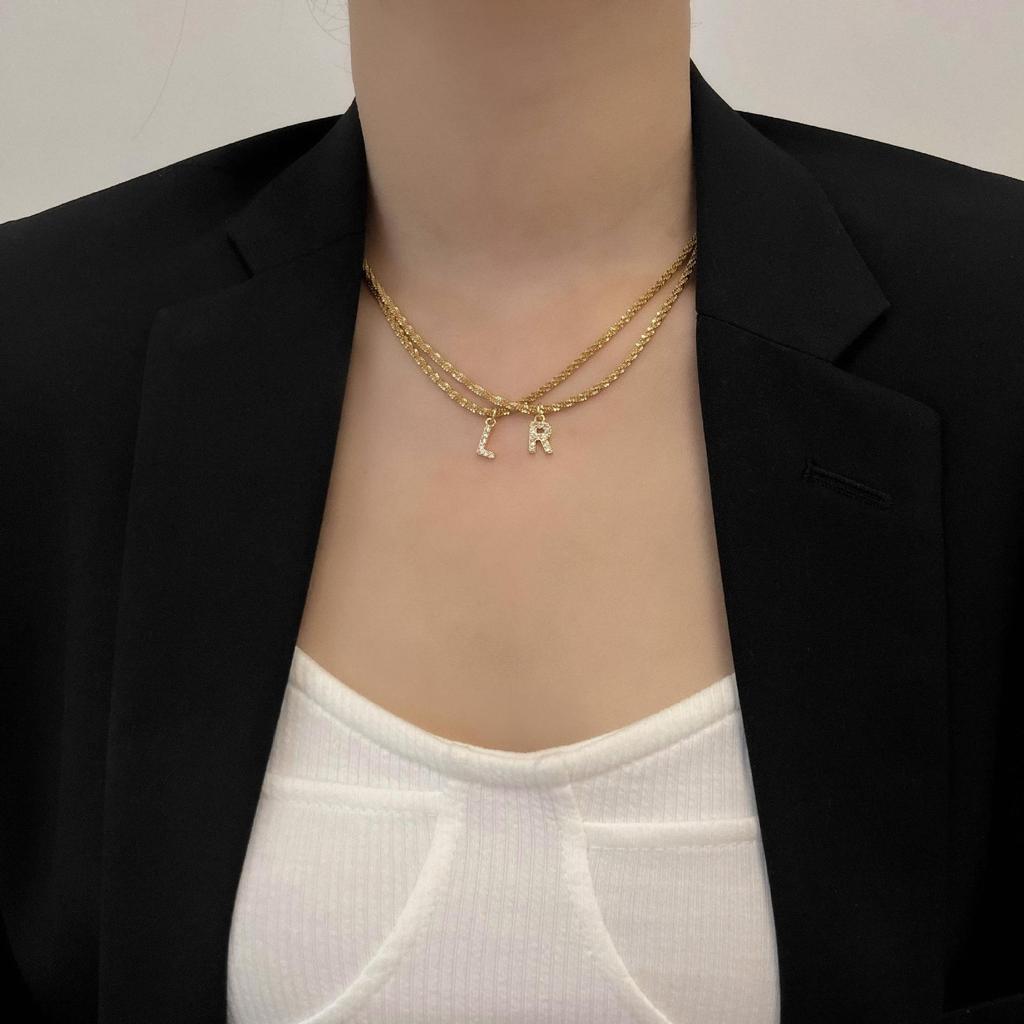 European and American Wind Titanium Steel Sparkling Necklace Women Inlaid with Zirconium 26 English Letters Pendant Collarbone Chain Girls High Sense