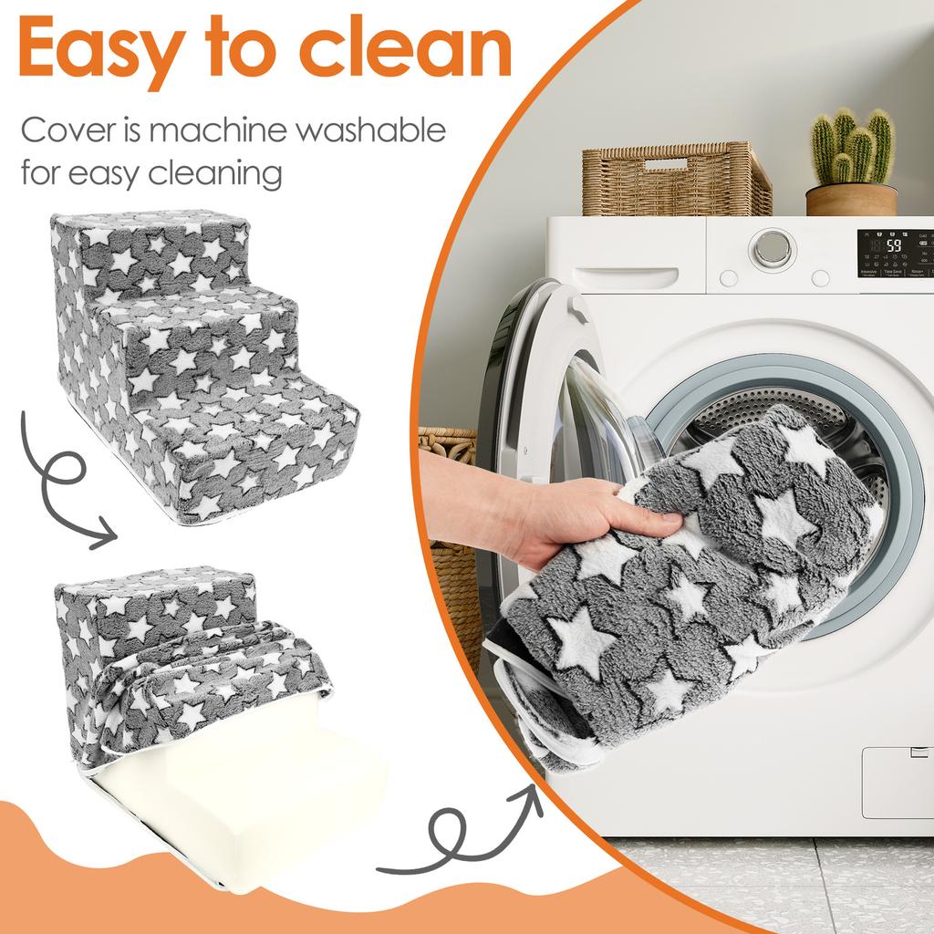 Pet Bedside Stairs 3 Steps Dog Ramp with Removable Washable Cover and Nonslip Bottom Star Pattern Cat Dog Pedals Pet Supplies